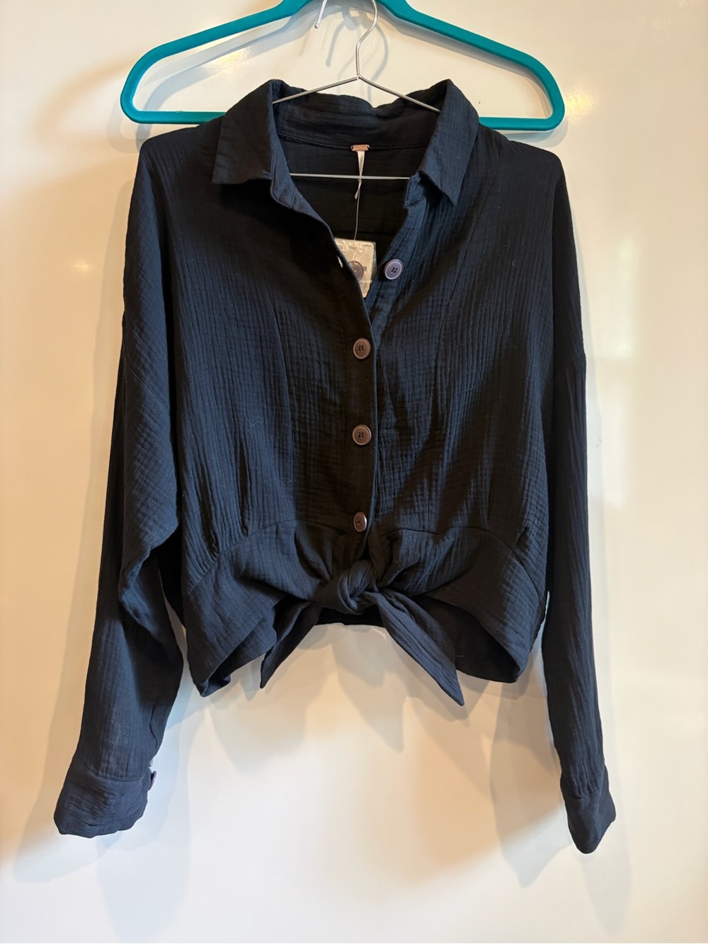 Button-Front Tie Hem Long-Sleeve Top - Black